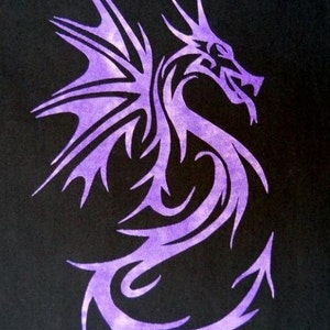 May include: Purple dragon design on a black background. The dragon is stylised and has a long tail and wings.