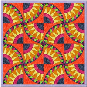 May include: A quilt block with a geometric pattern of orange, yellow, pink, green, and blue. The pattern is made up of curved shapes that resemble sunbursts.
