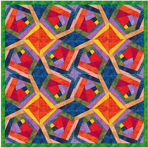 Könnte beinhalten: Ein farbenfroher Quilt mit einem geometrischen Muster aus Quadraten und Dreiecken. Der Quilt besteht aus verschiedenen Schattierungen von Rot, Orange, Gelb, Grün, Blau und Lila. Der Quilt ist mit einem grünen Rand eingefasst.