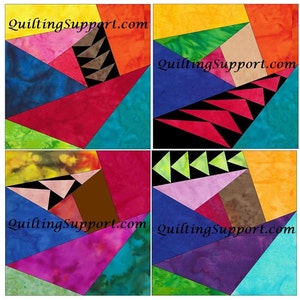 May include: Four colorful quilt blocks with geometric patterns. Each block features a different color scheme and arrangement of triangles. The blocks are all labeled with the website "QuiltingSupport.com".