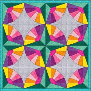 May include: A quilt block with a geometric design featuring a repeating pattern of teal, purple, pink, orange, and yellow fan shapes.