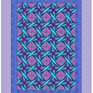 May include: A quilt pattern with a geometric design featuring purple, blue, and turquoise triangles. The quilt is framed with a blue border and a purple outer border.