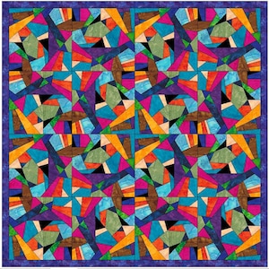 May include: A colorful geometric quilt with a patchwork design featuring various shades of blue, orange, green, pink, brown, and purple.