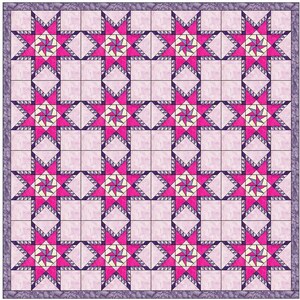 May include: A quilt pattern with a repeating design of pink and purple stars on a light purple background.