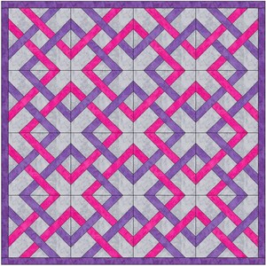 Op de afbeelding: Een quiltpatroon met een geweven ontwerp met afwisselende paarse en roze strepen op een witte achtergrond.