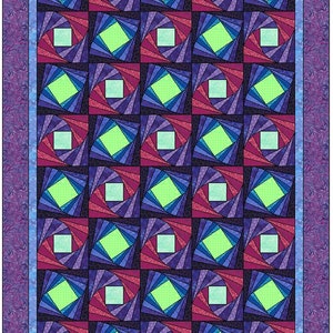 Pode incluir: Uma colcha com um padrão repetitivo de quadrados feitos de tiras de tecido em tons de roxo, azul, verde e vermelho.
