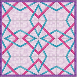Op de afbeelding: Een quiltblokpatroon met een geometrisch ontwerp met roze en blauwe kruisende lijnen op een witte achtergrond. Het blok is omgeven door een paarse rand.