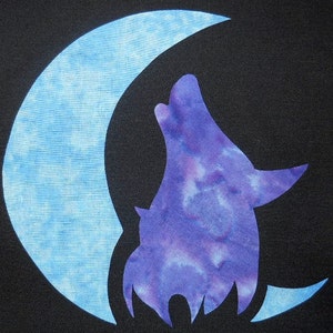 May include: A purple and blue wolf silhouette howling at a blue crescent moon on a black background.