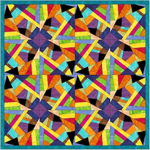 May include: A colorful quilt with a geometric pattern of intersecting lines and triangles. The quilt is made up of various colors, including yellow, orange, red, green, blue, purple, and black.