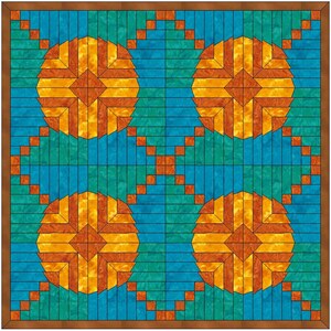 Könnte beinhalten: Ein Quiltmuster mit vier orangefarbenen und braunen Kreisen auf blauem und grünem Hintergrund. Die Kreise bestehen aus kleineren Quadraten und Rechtecken.