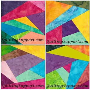 May include: Four colorful quilt blocks with a geometric pattern of triangles in shades of purple, pink, yellow, green, blue, and brown. The blocks are arranged in a 2x2 grid. Each block has the text "QuiltingSupport.com" at the bottom.