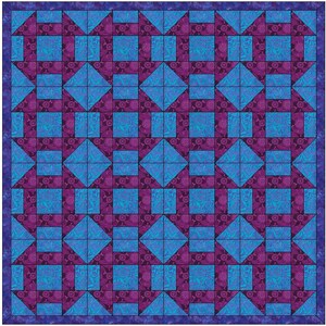 Puede incluir: Un patrón de colcha con un diseño repetitivo de cuadrados y triángulos morados y azules. La colcha está hecha con una variedad de telas, incluyendo un estampado floral.