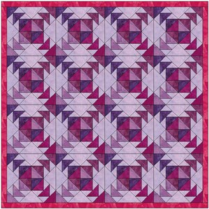 May include: A quilt pattern with a repeating design of pink and purple triangles. The quilt is framed with a solid pink border.