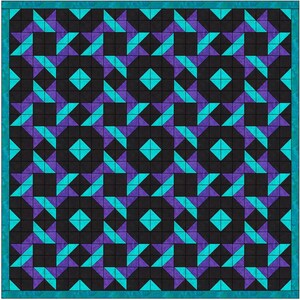 May include: A quilt pattern with a repeating geometric design. The pattern is made up of black, teal, and purple triangles. The quilt is framed with a teal border.