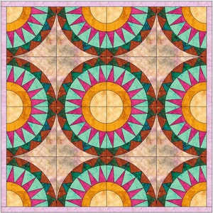May include: A quilt block with a repeating pattern of concentric circles in shades of orange, yellow, pink, teal, brown, and green. The circles are surrounded by a starburst pattern.
