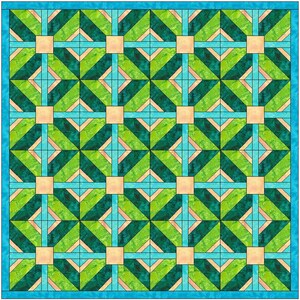 May include: A quilt pattern with a repeating design of green, blue, and peach squares and triangles. The quilt is framed with a blue border.