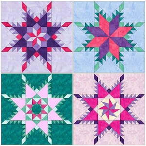 May include: Four different quilt blocks with a star design in the center. The blocks are in shades of pink, purple, red, and green.
