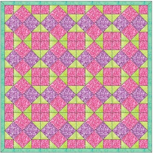 Puede incluir: Un bloque de colcha con un patrón repetitivo de cuadrados y triángulos rosas, morados y verdes. El bloque de colcha está enmarcado con un borde turquesa.