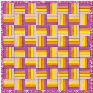 May include: A quilt pattern with a woven design featuring alternating rows of yellow, orange, and purple squares.