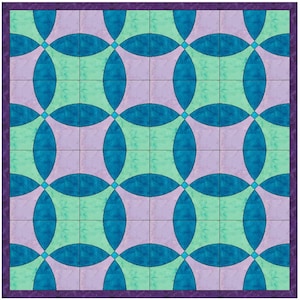 Puede incluir: Un patrón de colcha con un diseño repetitivo de círculos superpuestos en tonos de azul, verde y morado. Los círculos están dispuestos en una cuadrícula, creando un diseño visualmente atractivo y simétrico.