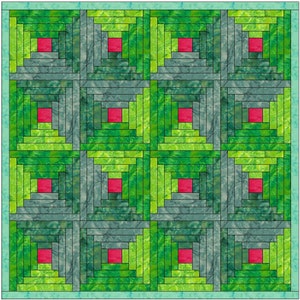 May include: A quilt block with a log cabin pattern in shades of green and red. The block is made up of squares of fabric sewn together in a concentric pattern, with the center square being red and the outer squares being green.