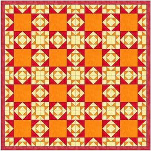 May include: A quilt pattern with a repeating geometric design. The quilt is made up of squares in shades of orange, red, and cream.