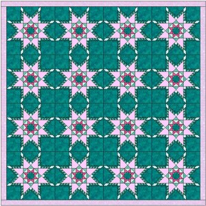 May include: A quilt pattern with a teal background and pink and white stars. The stars have a scalloped edge and a smaller star in the center.