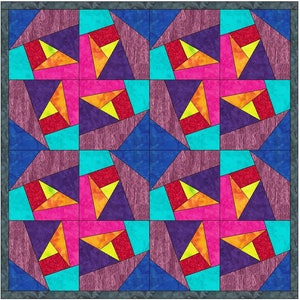 May include: A quilt block with a geometric pattern in shades of purple, blue, pink, orange, yellow, and red. The block is made up of squares and triangles, and the colors are arranged in a repeating pattern.