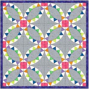 May include: A quilt block featuring a traditional double wedding ring design. The block is made up of a variety of colours, including pink, orange, green, blue, and purple. The background of the block is a light grey.