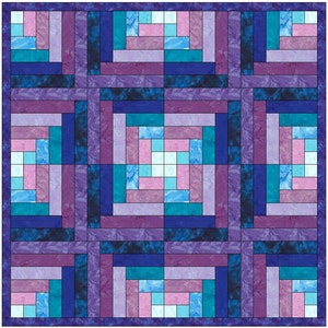 Op de afbeelding: Een quiltblok met een blokhutpatroon in tinten paars, blauw en roze. Het blok is gemaakt van vierkanten en rechthoeken van verschillende groottes en kleuren, gerangschikt in een concentrisch patroon.