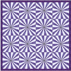 May include: A quilt with a geometric pattern of purple and white triangles. The quilt is made up of 16 squares, each with a sunburst design in the center. The quilt is edged with a purple border.