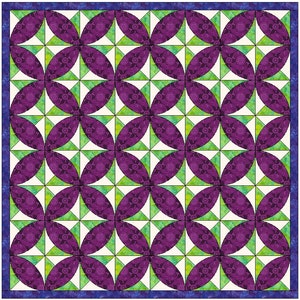 Pode incluir: Um padrão de colcha com um desenho repetitivo de círculos e triângulos roxos e verdes. A colcha é bordada em azul.
