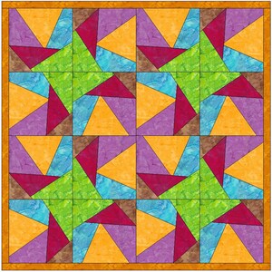Pode incluir: Um bloco de colcha com um padrão de estrela em tons de laranja, roxo, verde, azul e marrom. O bloco é feito de triângulos e quadrados.