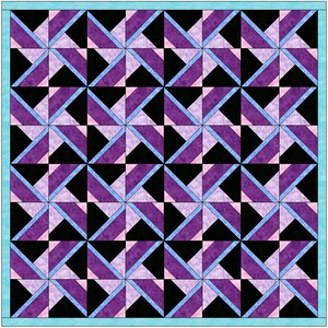 Puede incluir: Un patrón de colcha con un diseño geométrico repetitivo. La colcha está hecha de tela negra, morada, rosa y azul claro.