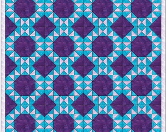 Puede incluir: Un patrón de colcha con un diseño repetitivo de triángulos morados, rosas y azules. La colcha está hecha de cuadrados con un patrón repetitivo de triángulos.