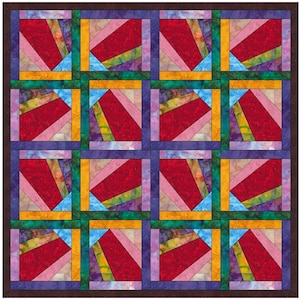 Puede incluir: Un bloque de colcha con un patrón repetitivo de tiras de tela roja, rosa, amarilla, verde, azul y morada. Las tiras de tela están dispuestas en un patrón radiante, creando un efecto de sol.