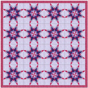May include: A quilt featuring a repeating star pattern in shades of purple, pink, and white. The stars are set against a light purple background, with a pink border. The quilt is a patchwork design, showcasing geometric shapes.