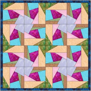 Puede incluir: Un bloque de colcha con un patrón geométrico en tonos de rosa, azul, marrón, verde y morado. El bloque está formado por cuadrados y triángulos dispuestos en un patrón repetitivo.