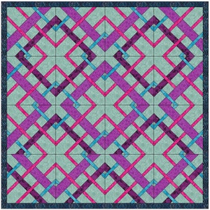 Könnte beinhalten: Eine Steppdecke mit einem geometrischen Muster aus rosa, lila und blauen Quadraten und Rauten auf hellblauem Hintergrund.