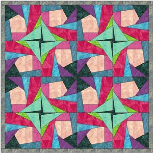 Puede incluir: Un bloque de colcha con un diseño geométrico que presenta una variedad de colores, incluyendo rosa, azul verdoso, morado, verde y negro.