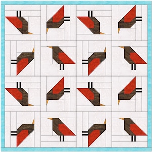 May include: A quilt block pattern featuring 12 red, brown and white birds arranged in a grid pattern.