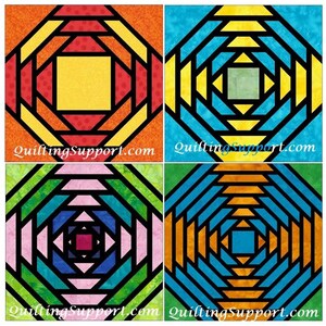 Può includere: Quattro blocchi di trapunta colorati con un design geometrico. Ogni blocco presenta un ottagono centrale con anelli concentrici di tessuto nero, arancione, giallo, verde, blu, rosso e rosa. I blocchi sono disposti in uno schema a griglia.
