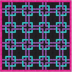 Op de afbeelding: Een zwart-witte quilt met een geometrisch patroon van paarse en turquoise vierkanten. De quilt is omlijst met een roze rand.