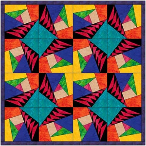 Può includere: Un blocco di trapunta colorato con un design geometrico che presenta un quadrato centrale circondato da triangoli in tonalità di rosso, arancione, giallo, verde, blu e nero.
