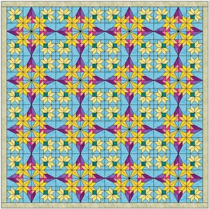 May include: A quilt pattern with a repeating design of yellow, purple, pink, and teal stars on a light blue background.