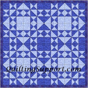May include: A quilt pattern with a repeating design of blue and white triangles. The pattern is called "Starry Night" and is available on QuiltingSupport.com.