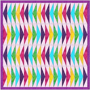 May include: A quilt with a geometric pattern of colorful triangles. The triangles are arranged in rows and columns, and they are all pointing in the same direction. The quilt is made with a variety of fabrics, including pink, yellow, green, blue, and purple.