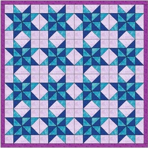 May include: A quilt pattern with a repeating design of blue and purple stars. The quilt is made up of squares with a grid pattern.