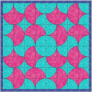 May include: A quilt block pattern with alternating pink and turquoise half-circles. The pattern is made up of 16 individual blocks, each with a different orientation of the half-circles.