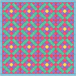 Puede incluir: Un patrón de colcha con un diseño de diamante repetido. La colcha está hecha de cuatro colores: rojo, verde, morado y amarillo. Los diamantes están delineados en negro.